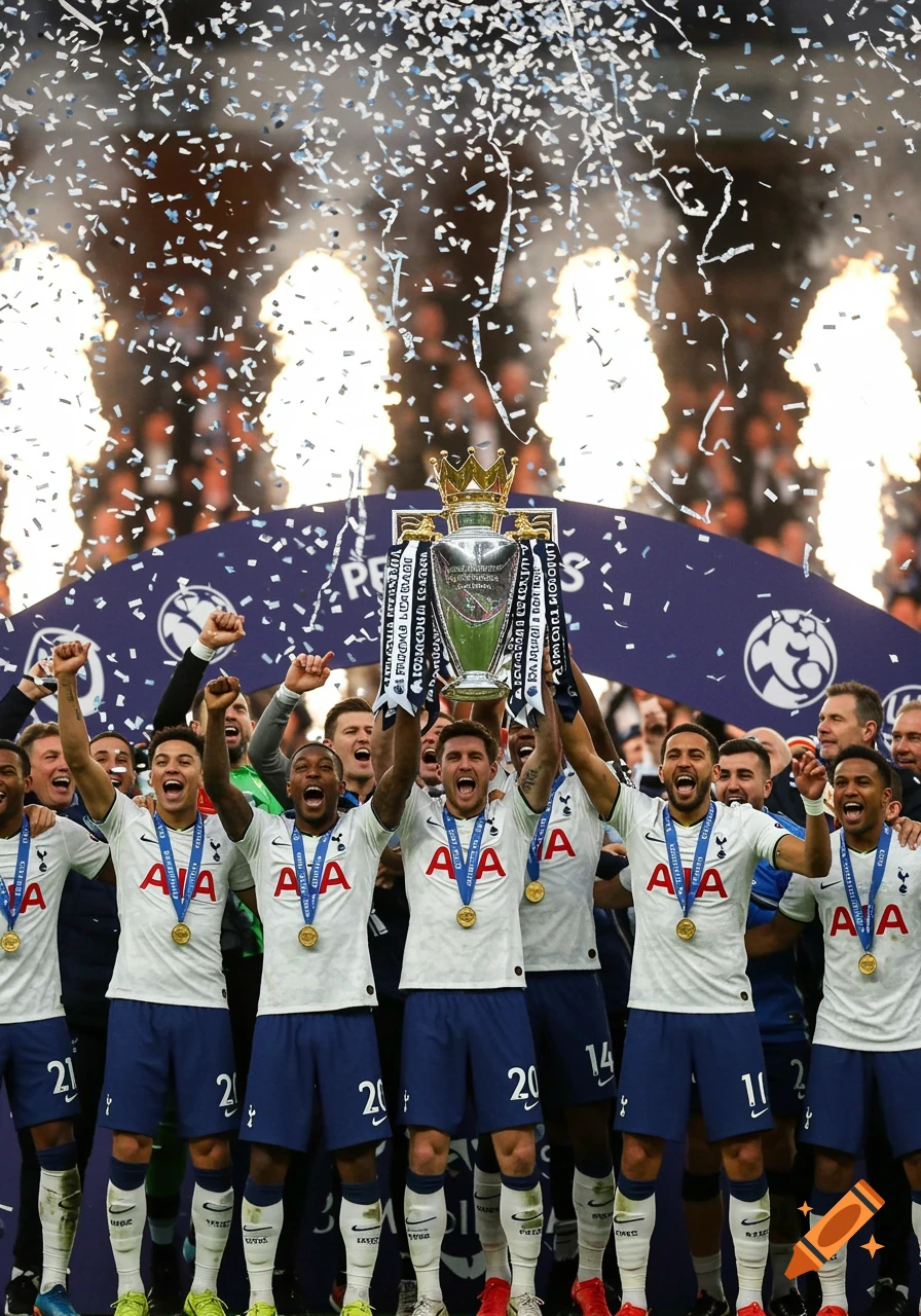 Photorealistic image of Tottenham Hotspur players celebrating with the Premier League trophy as confetti falls.