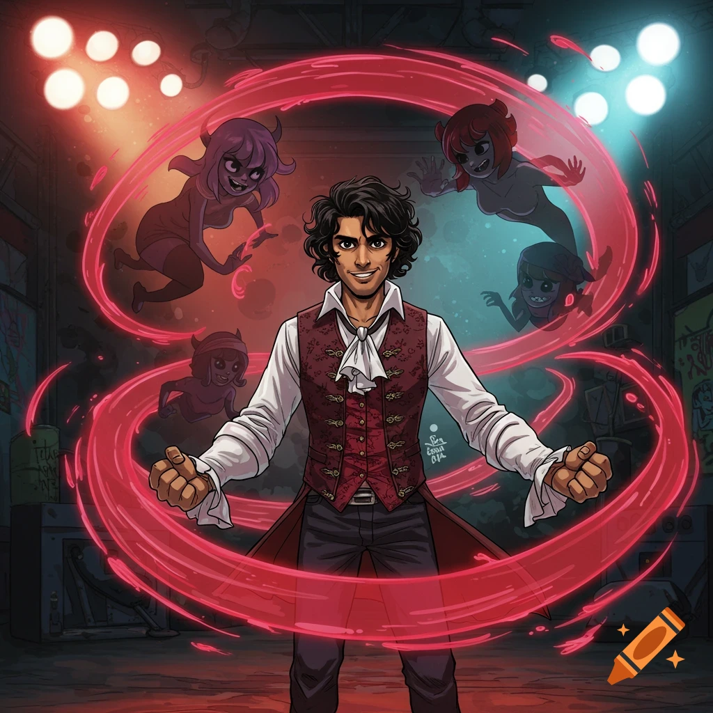 A man with dark curly hair and a red vest smiles amidst swirling pink energy and four small floating demon-like creatures, in a comic book style.