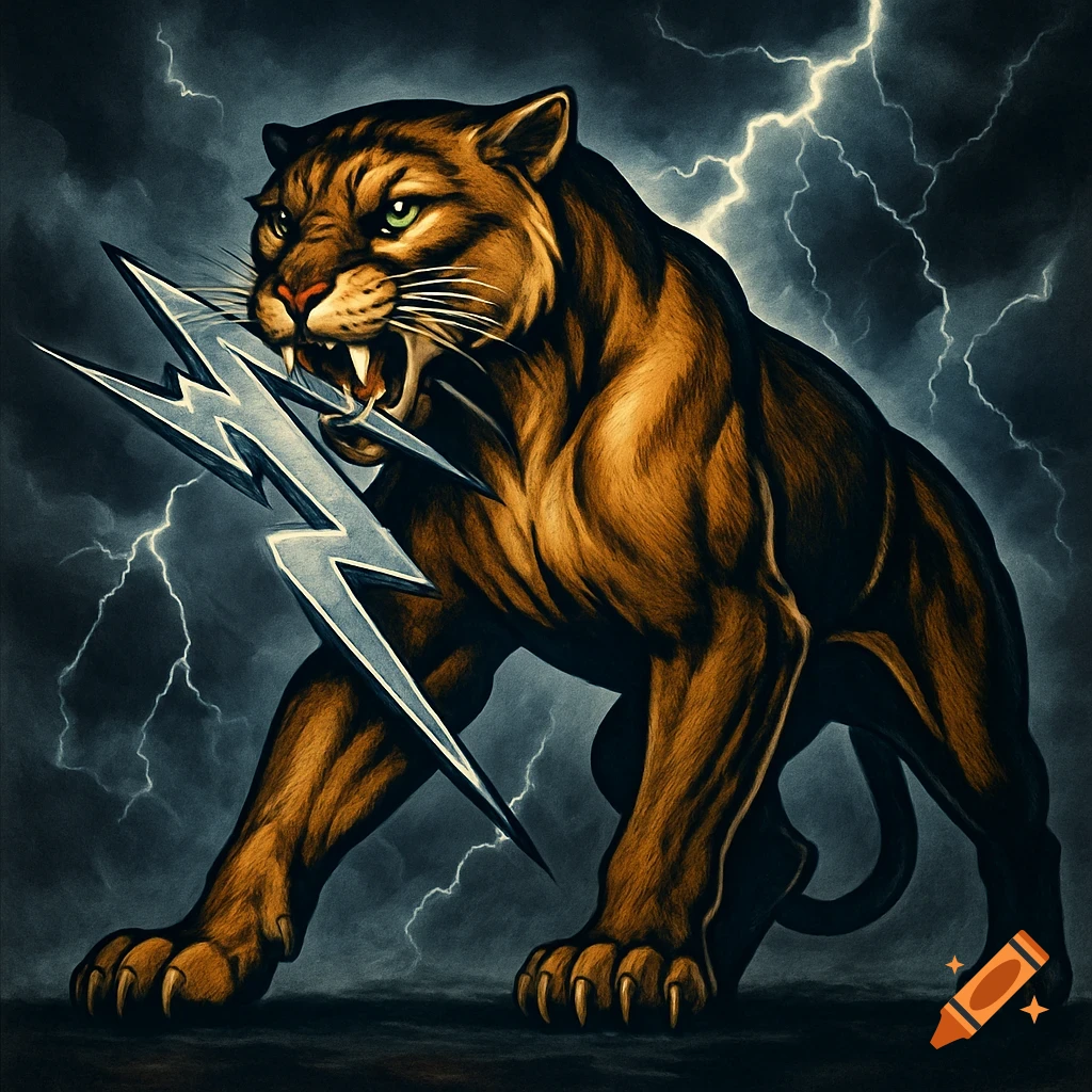A fierce brown panther with green eyes gripping a jagged silver lightning bolt in its mouth, against a stormy sky with lightning. Stylized illustration.