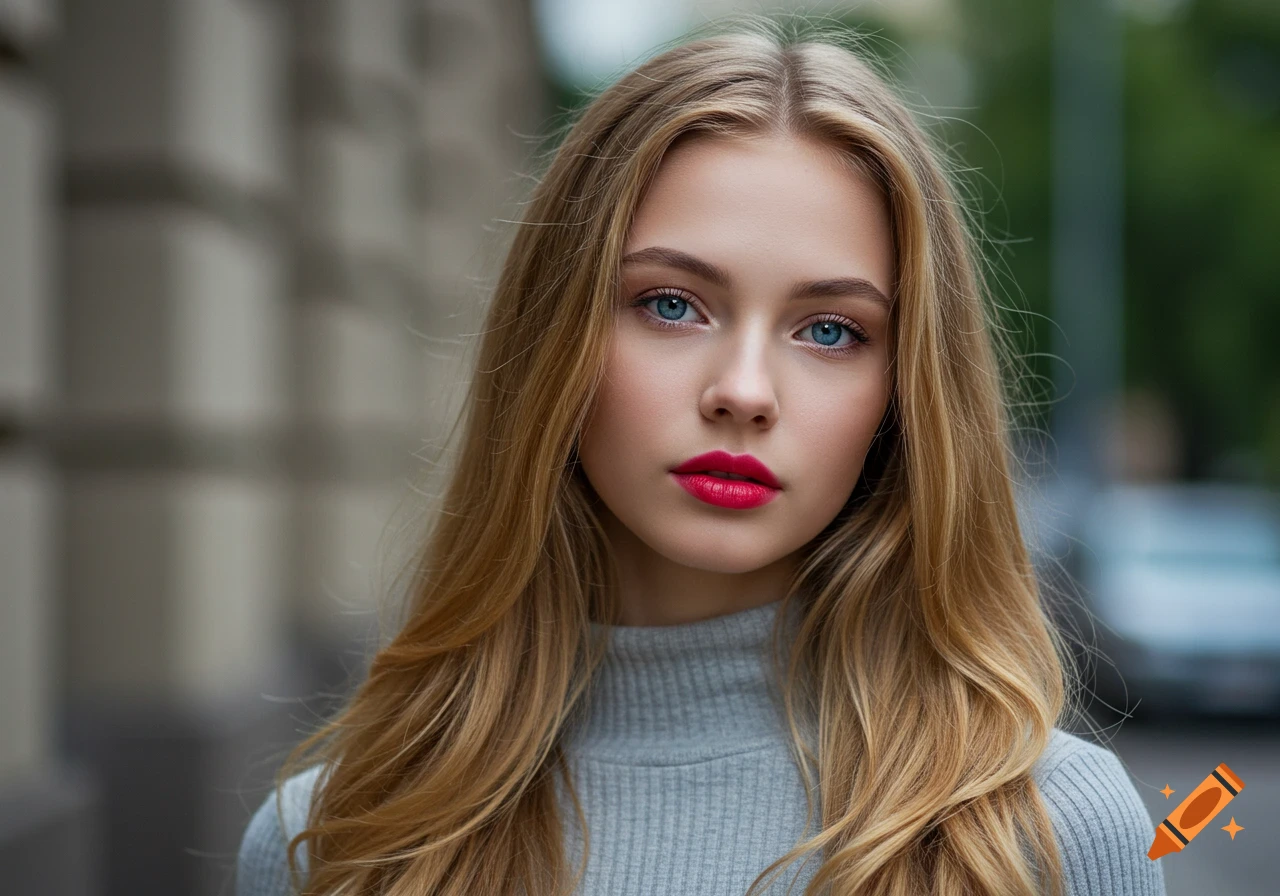 A close-up portrait of a young woman with long blonde hair, bright blue eyes, and red lipstick, wearing a grey turtleneck.