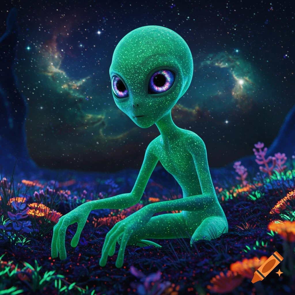 A detailed shot of a green alien with large purple eyes, sitting in a field of glowing plants under a starry galaxy sky.