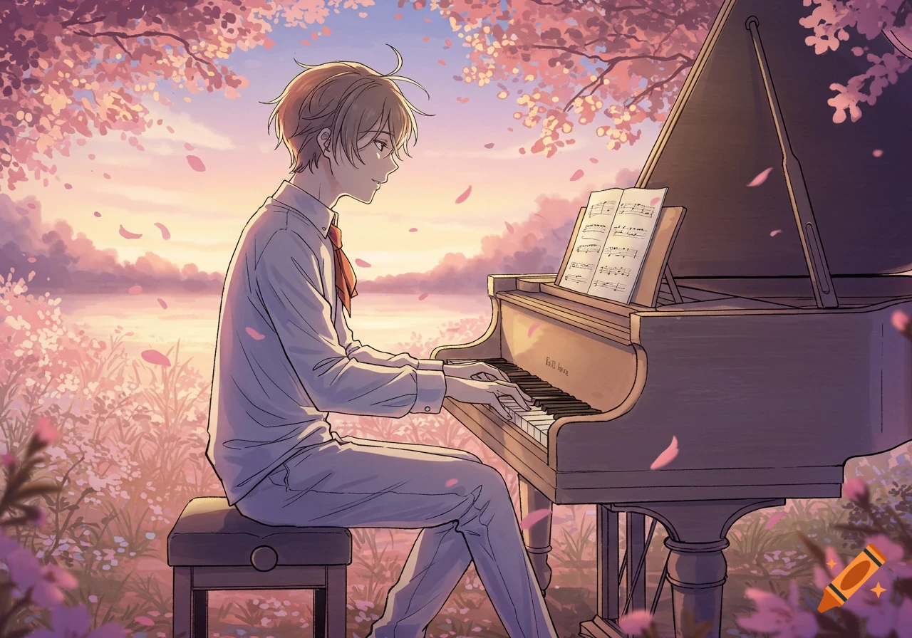 An anime-style image of a young man playing a grand piano outdoors under a cherry blossom tree, with petals falling around him during sunset.