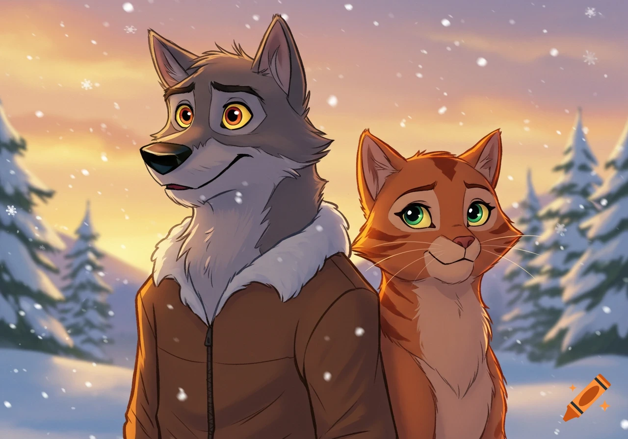 An anthropomorphic wolf and cat stand together in a snowy forest at sunset, in a cartoon style.