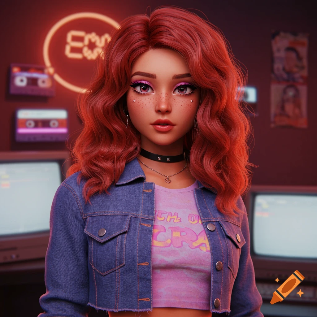 Stylized anime egirl with red hair in a denim jacket and pink crop top, standing in a 90s-themed room with neon lights.