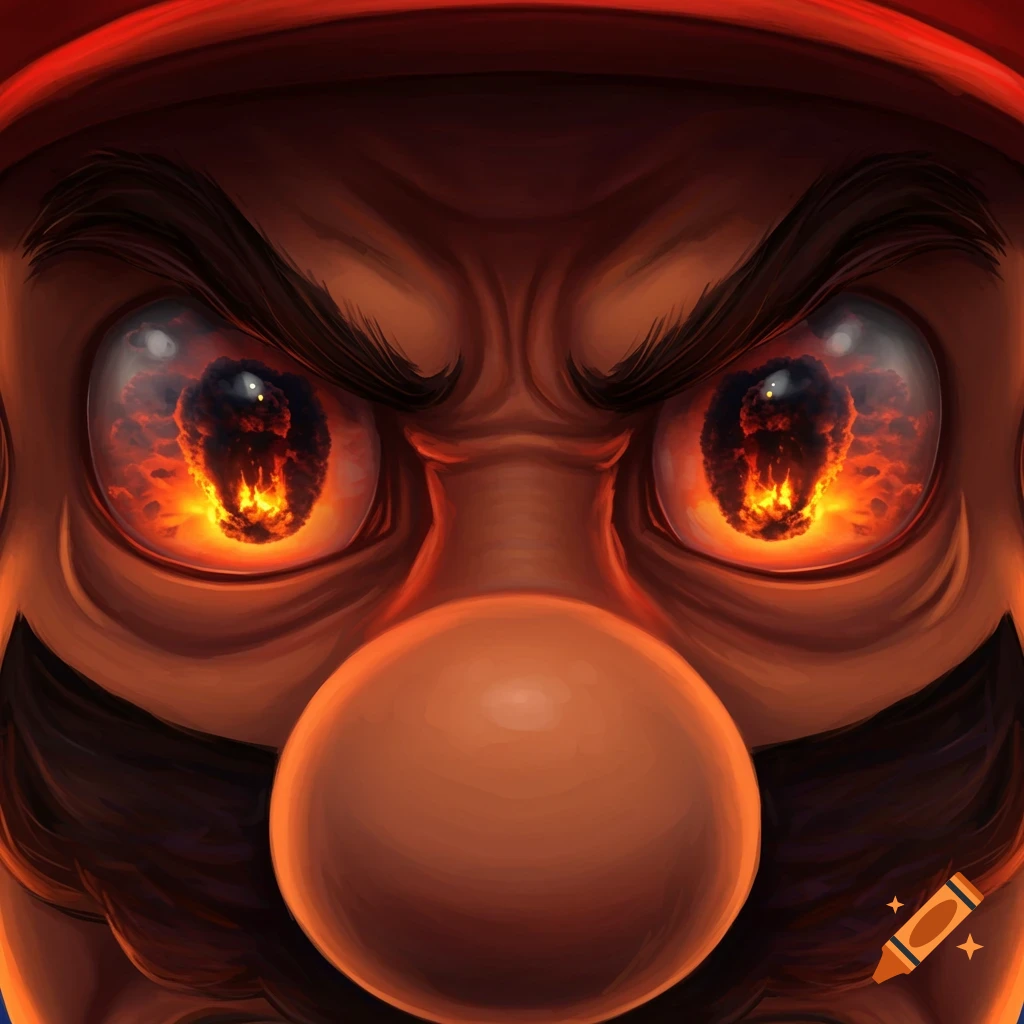 Extreme close-up of an angry Mario with stylized, glowing eyes reflecting mushroom clouds.