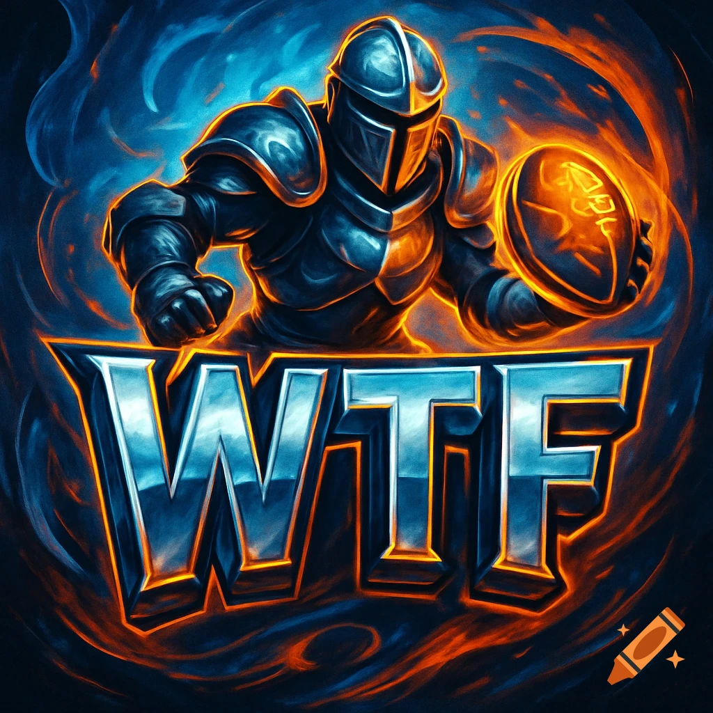 A fantasy knight in dark armor holding a glowing shield, with the large metallic text "WTF" below, all set against a fiery blue and orange background.