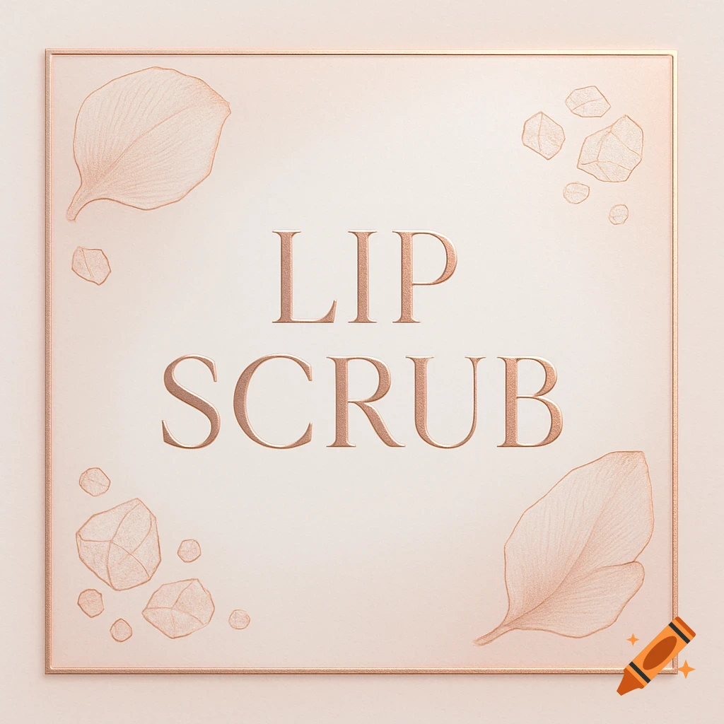 A rose gold embossed label for lip scrub on a light pink background, with faint outlines of petals and crystals.