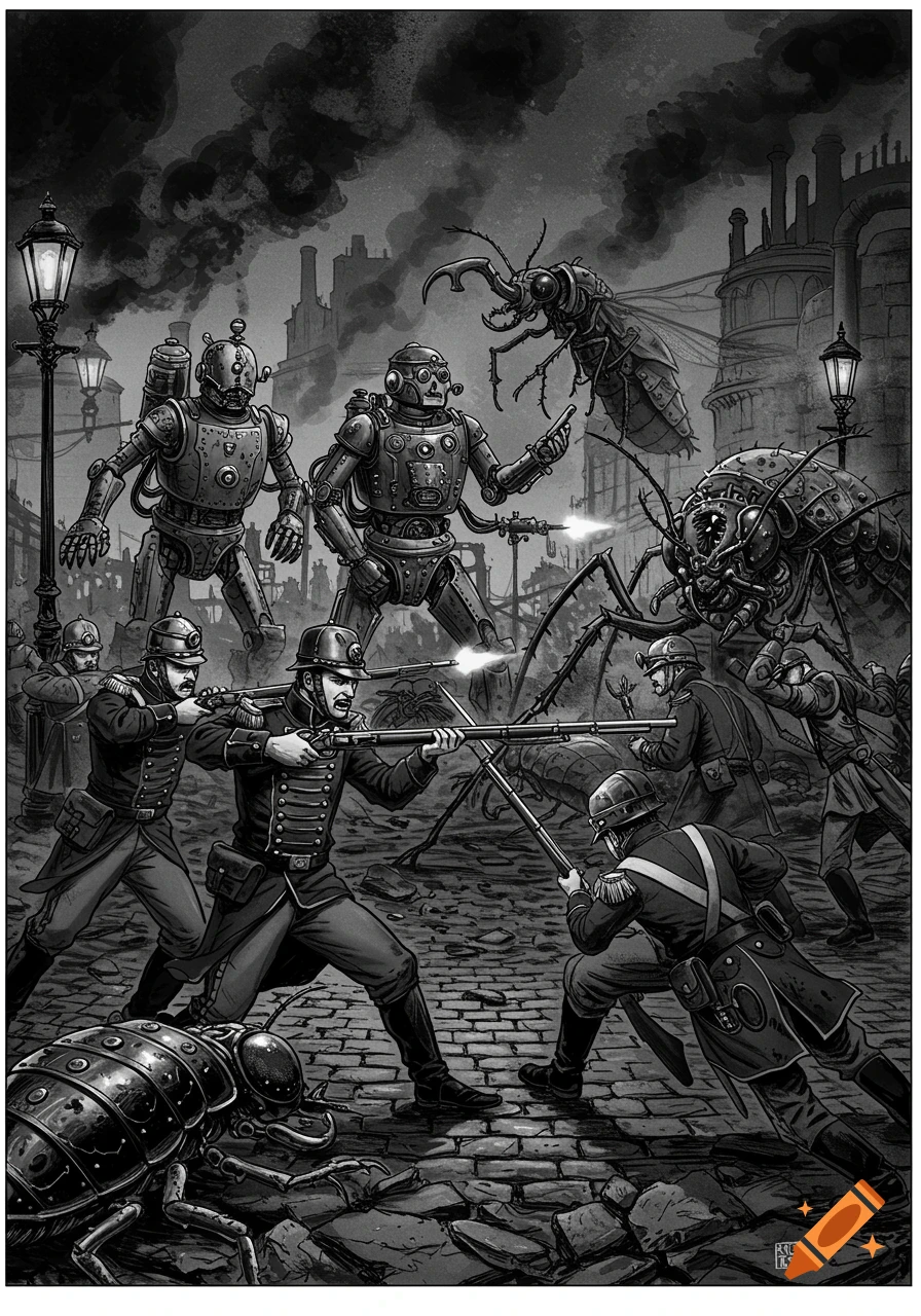 Black and white illustration of 1870s soldiers with muskets fighting steampunk robots and giant insects in a smoky, destroyed city.