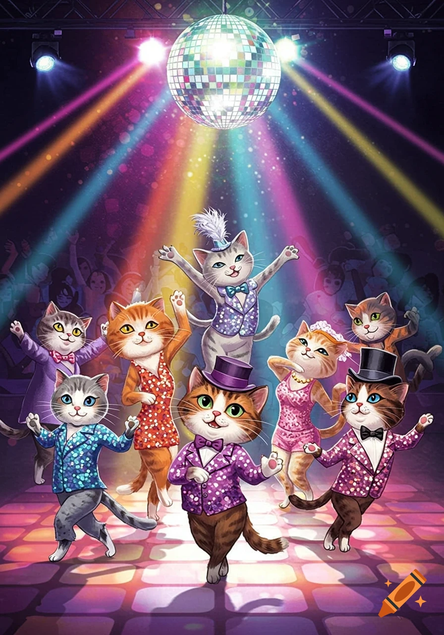 Cartoon cats dressed in sparkly outfits dancing under a disco ball with colorful spotlights.