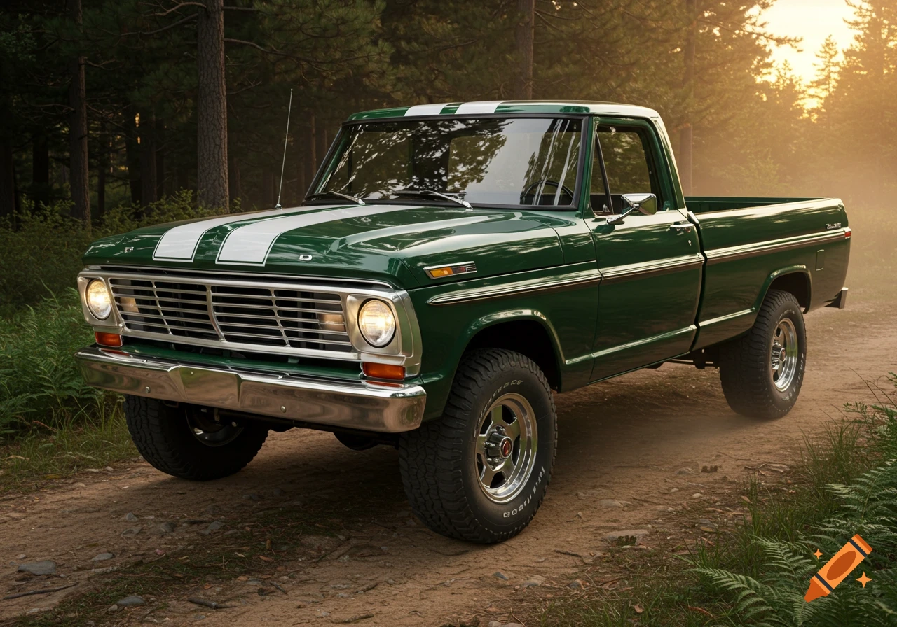 A vintage dark green pickup truck with white racing stripes parked on a dirt road in a forest at sunset.