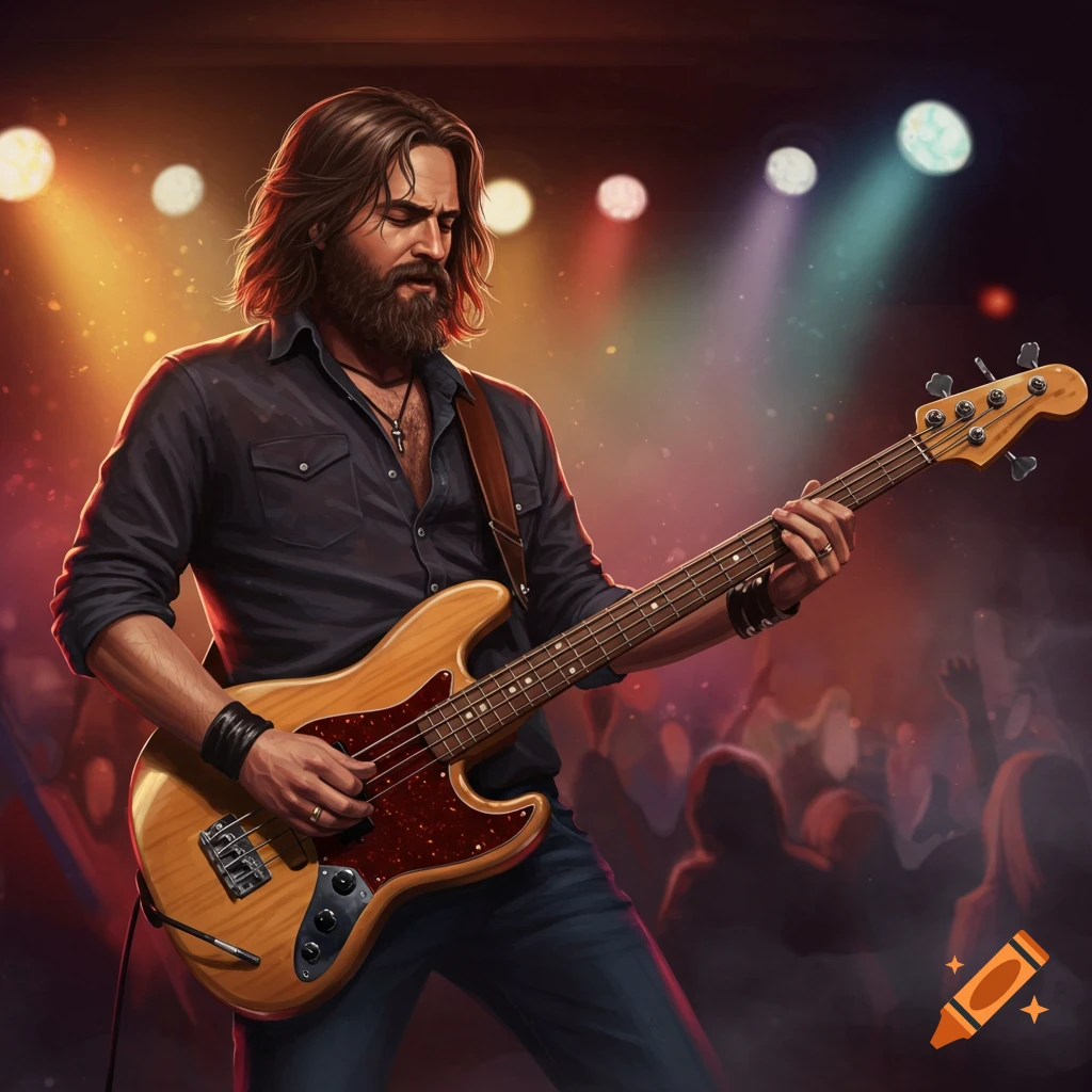 A bearded man with long hair plays a bass guitar on stage under colorful spotlights, with a blurred audience in the background.