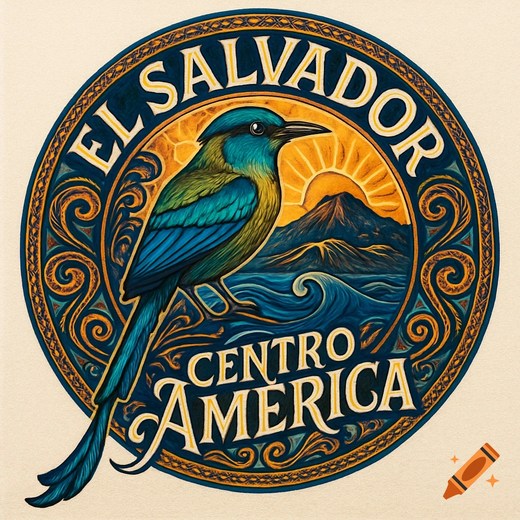 A vibrant circular logo featuring a blue and green bird, a volcano, ocean waves, and the text 'EL SALVADOR CENTRO AMERICA'.