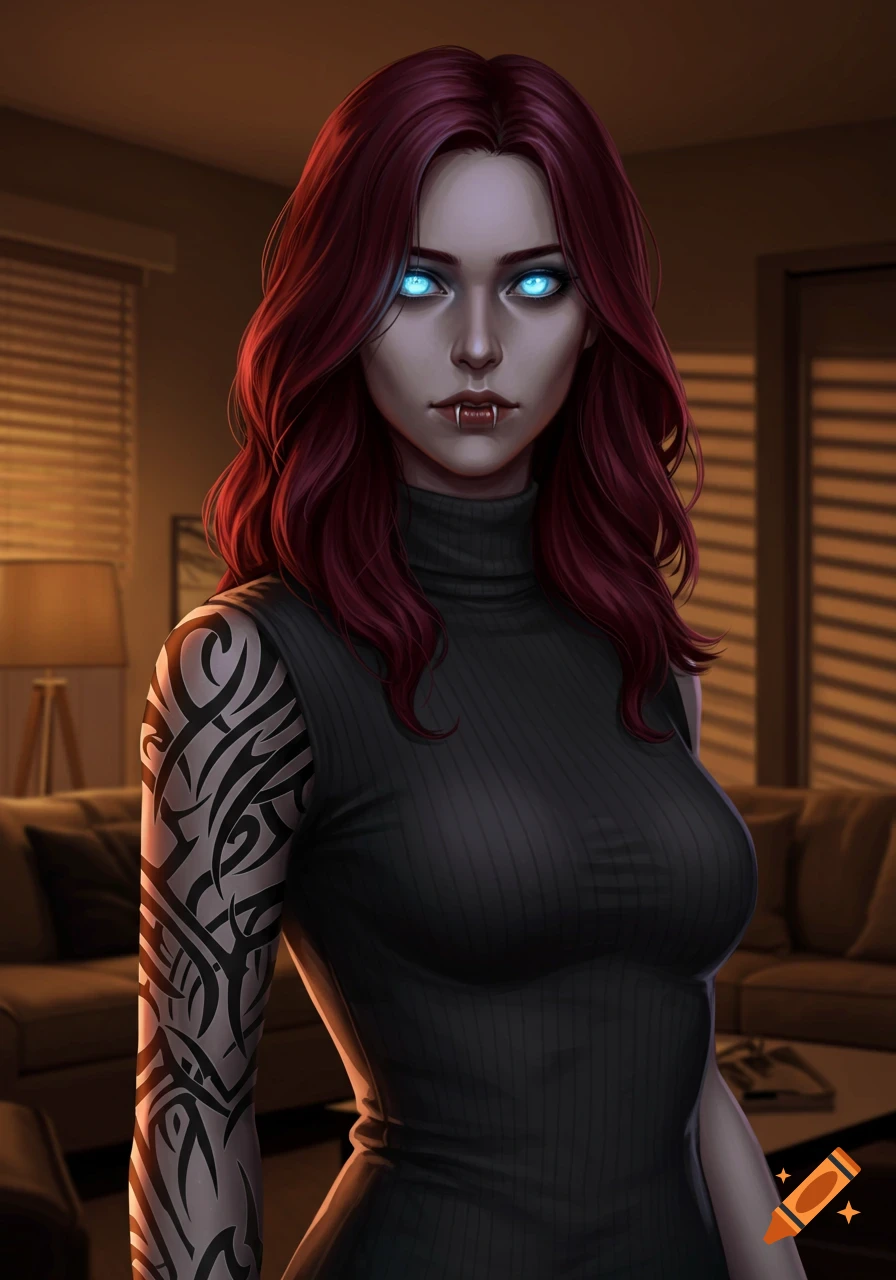 Digital art of a pale woman with red hair, glowing blue eyes, fangs, and a tribal sleeve tattoo, wearing a black turtleneck in an apartment.