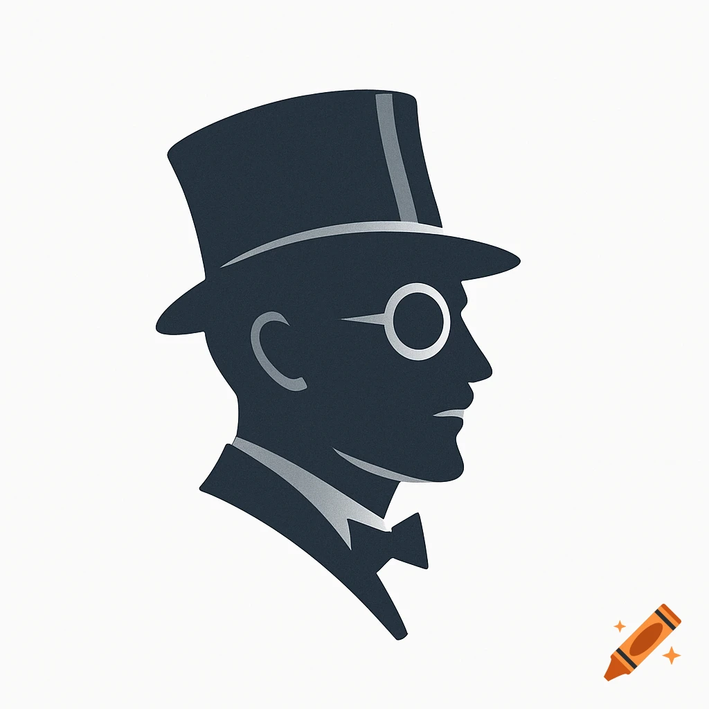 Silhouette of a man in a top hat, monocle, and bow tie, in profile.