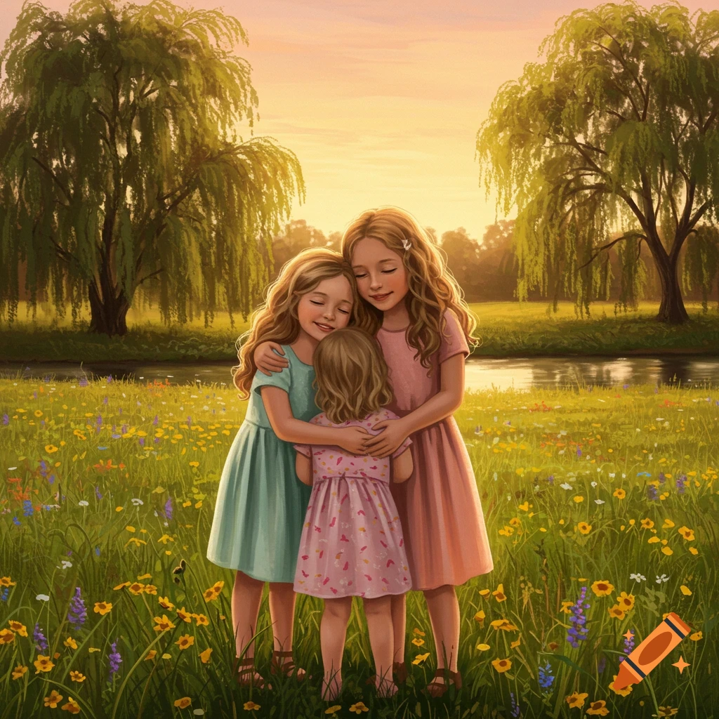 Three young girls hug in a sunny, flower-filled meadow by a stream with willow trees.