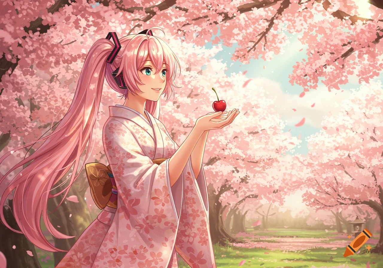 Anime girl with long pink hair, styled like Sakura Miku, in a kimono, holding a cherry under blooming cherry blossom trees.