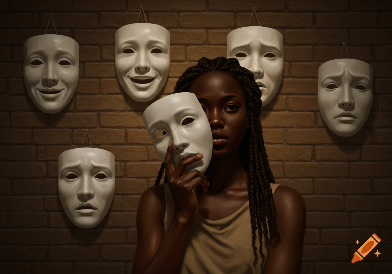 A dark-skinned woman holds a blank white mask to her face, surrounded by five other theatrical masks with different expressions hanging on a brick wall.