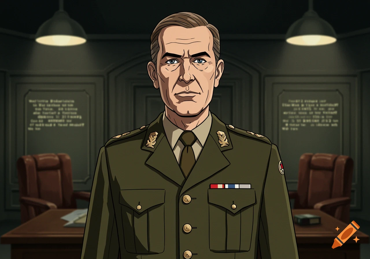 A man in a green military uniform with medals stands in an office with a dark desk and chairs, in a Bruce Timm animated style.