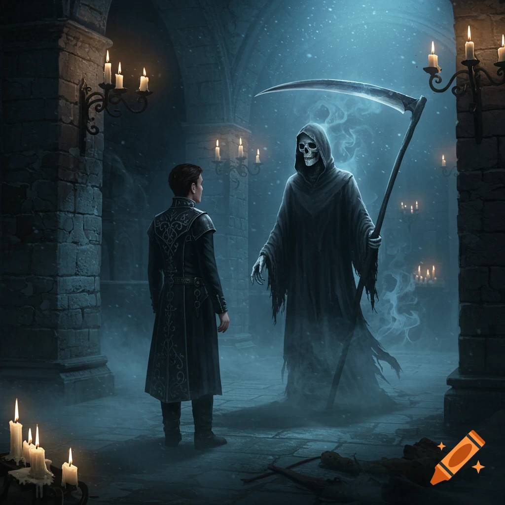 A man in dark robes confronts the Grim Reaper holding a scythe in a misty, candlelit stone hall.