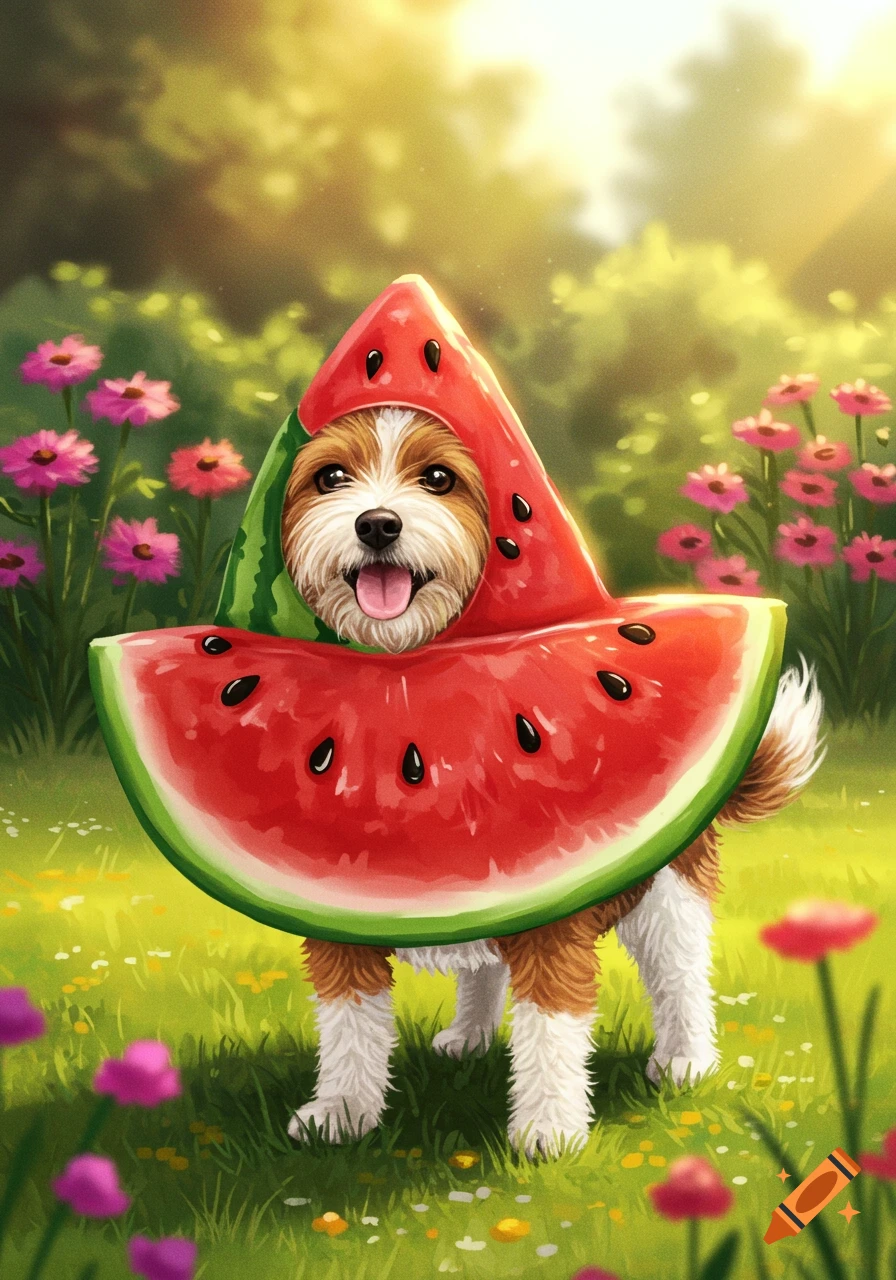 A happy, fluffy dog in a bright red watermelon costume stands in a sunny green field with pink flowers. Illustrated style.
