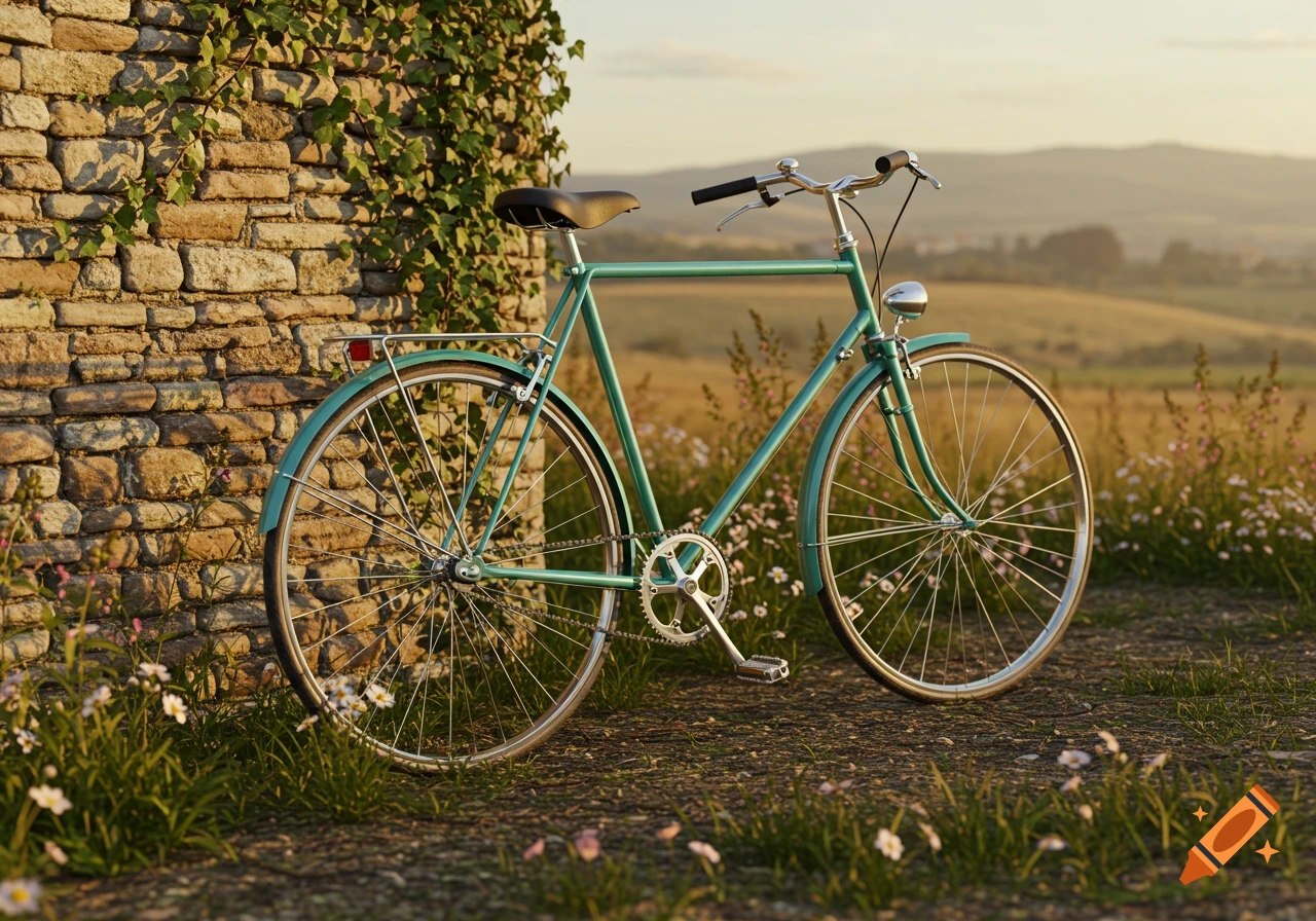 A vintage-style teal bicycle leans against a stone wall covered in ivy, with wildflowers and rolling hills in a sunny rural landscape.