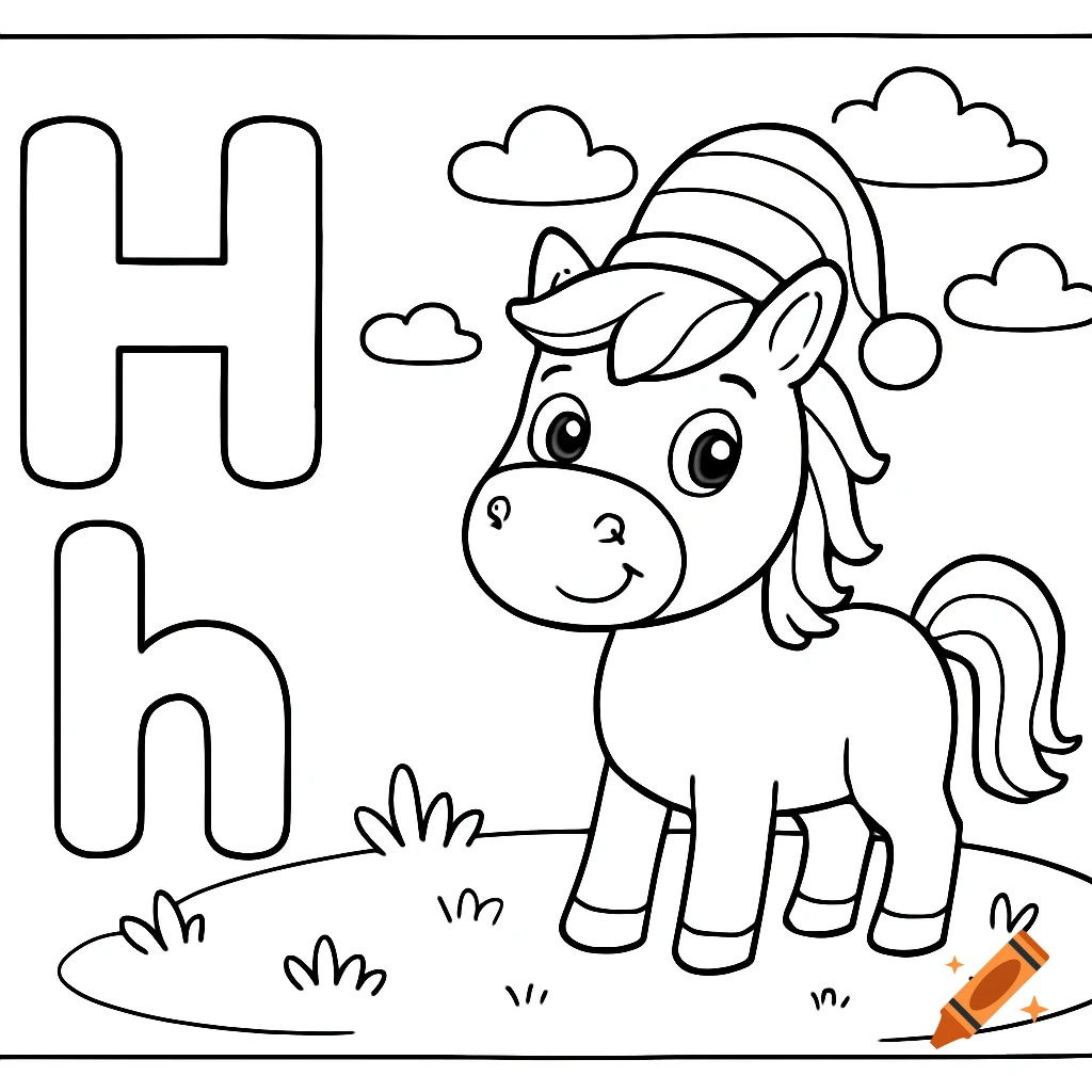 Black and white coloring page showing a cartoon horse with a striped hat next to a large bubble letter H and a smaller bubble letter h.