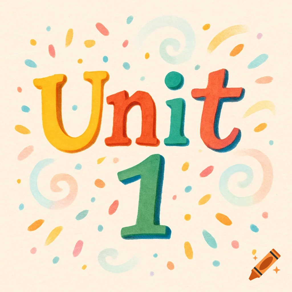 Colorful, playful illustration of the words 'Unit 1' with confetti and swirls.