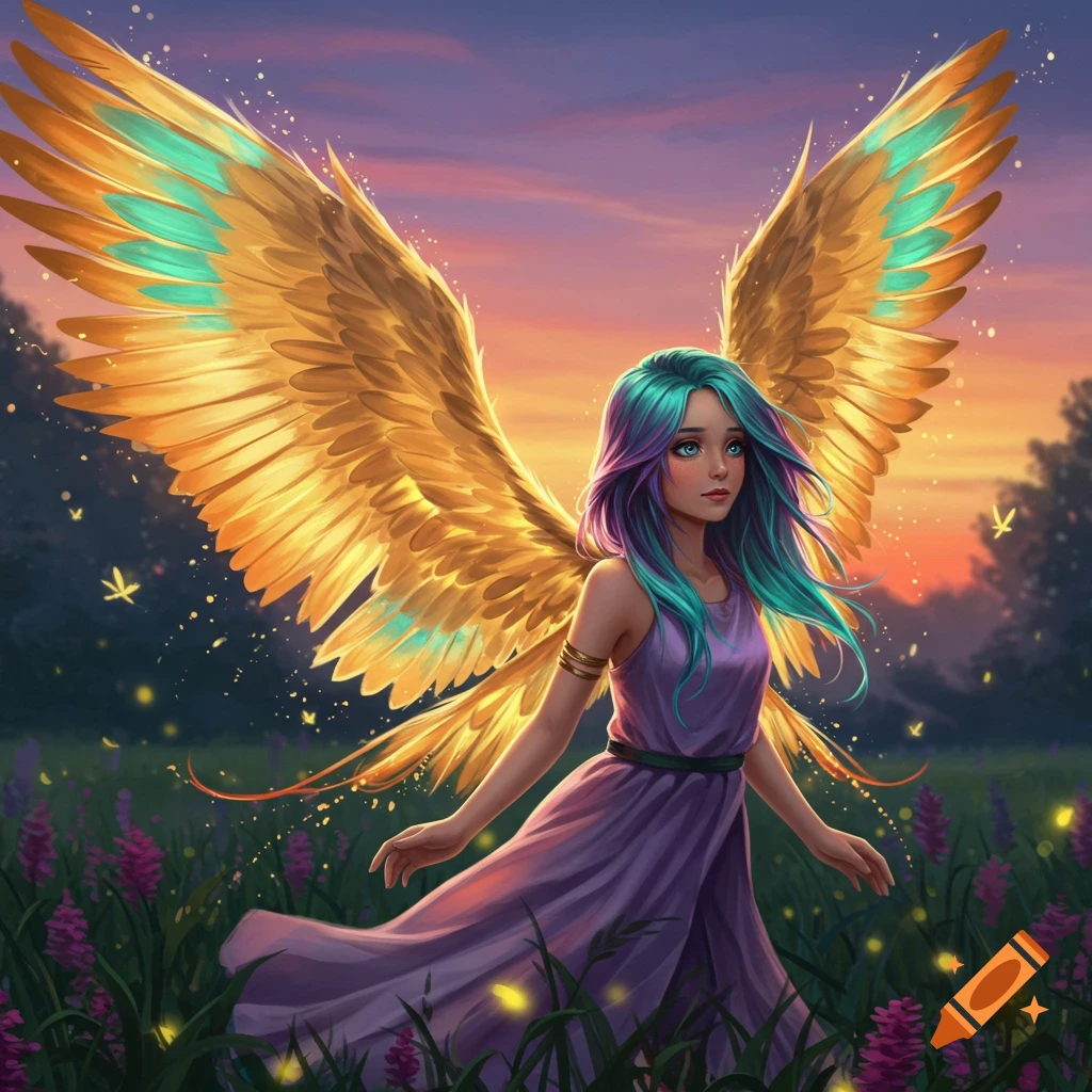 A girl with large golden and teal wings and multi-colored hair stands in a field of purple flowers at sunset.