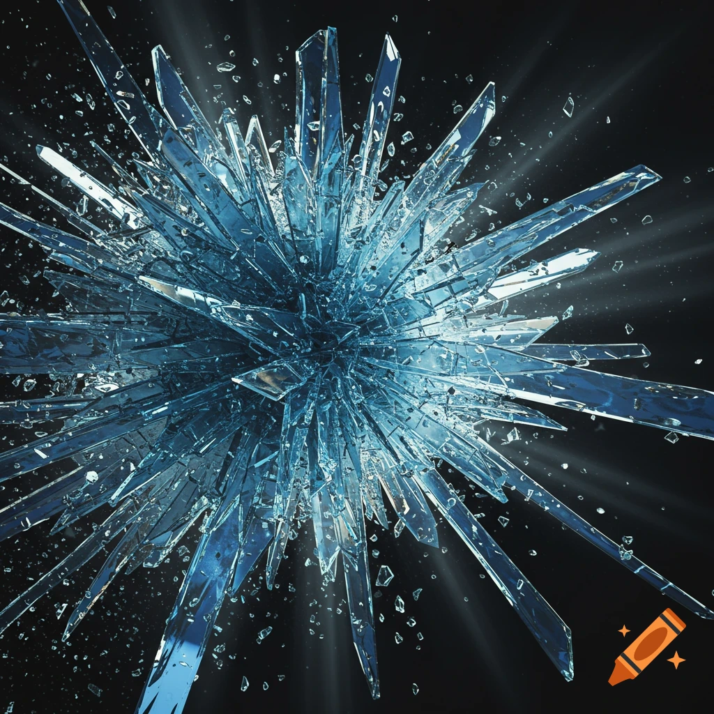 Shattered blue glass fragments burst outwards from a central point against a dark background with light rays.