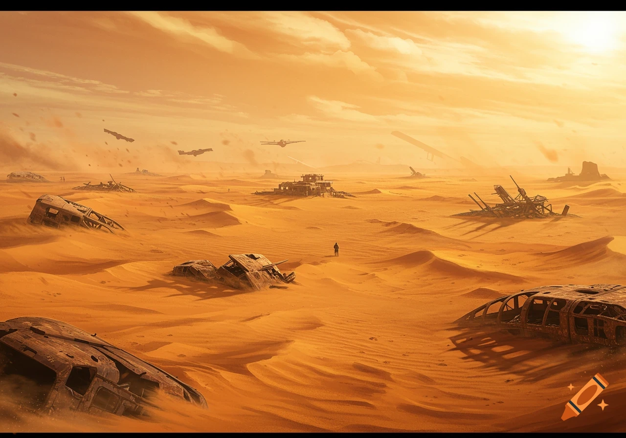 A desolate, sun-scorched desert landscape with a lone figure walking among the ruins of rusted vehicles and crumbling buildings under an orange sky, digital art.