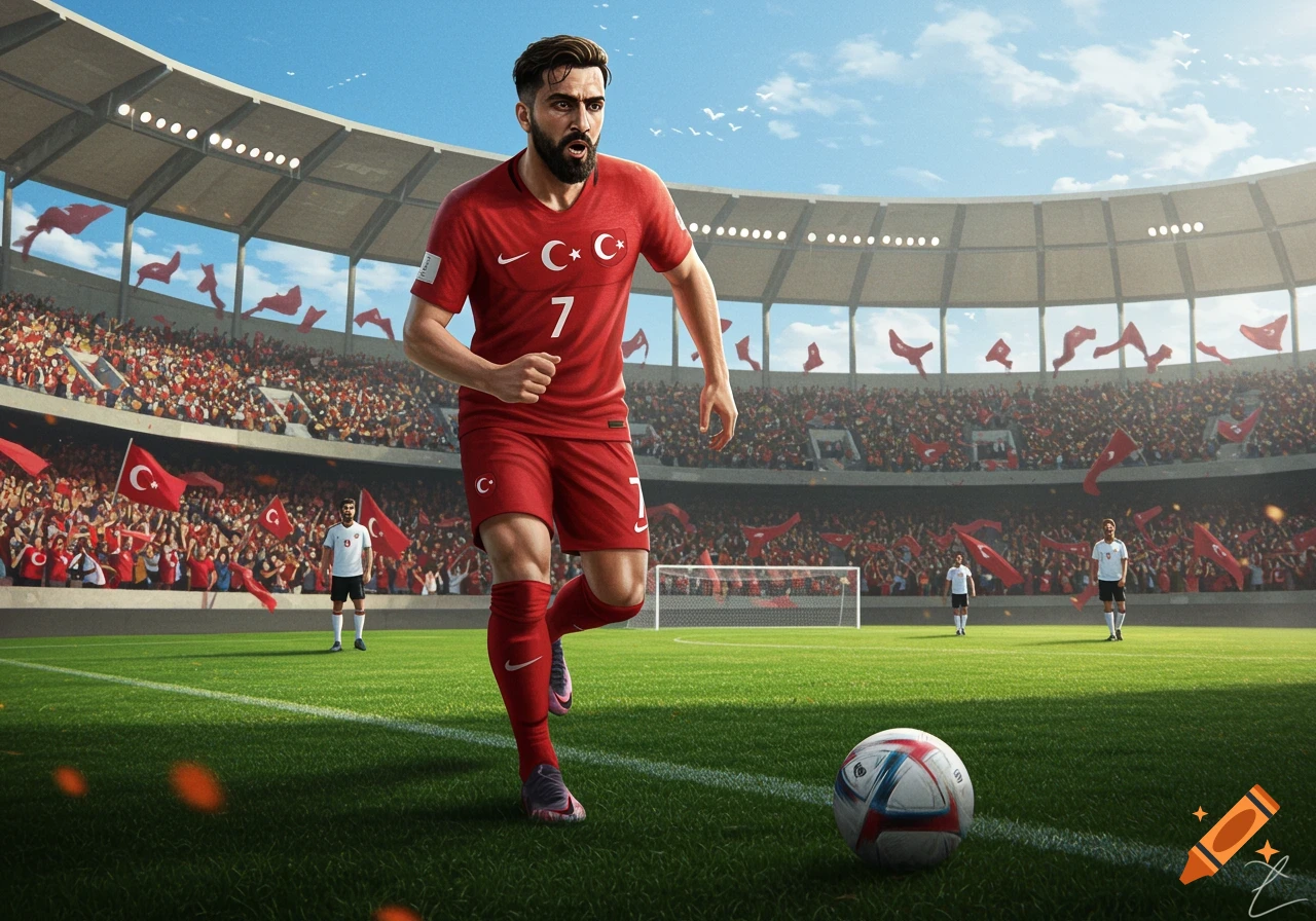 A male football player in a red jersey with the Turkish flag symbol and number 7 runs on a green field in a large stadium with a cheering crowd waving Turkish flags under a blue sky.