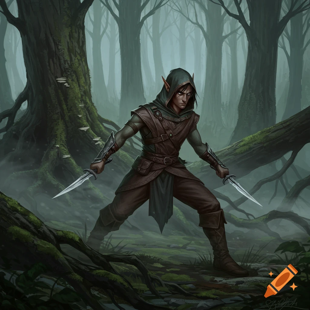 A dark-haired wood elf rogue in a hooded cloak holds two daggers in a misty, mossy forest.