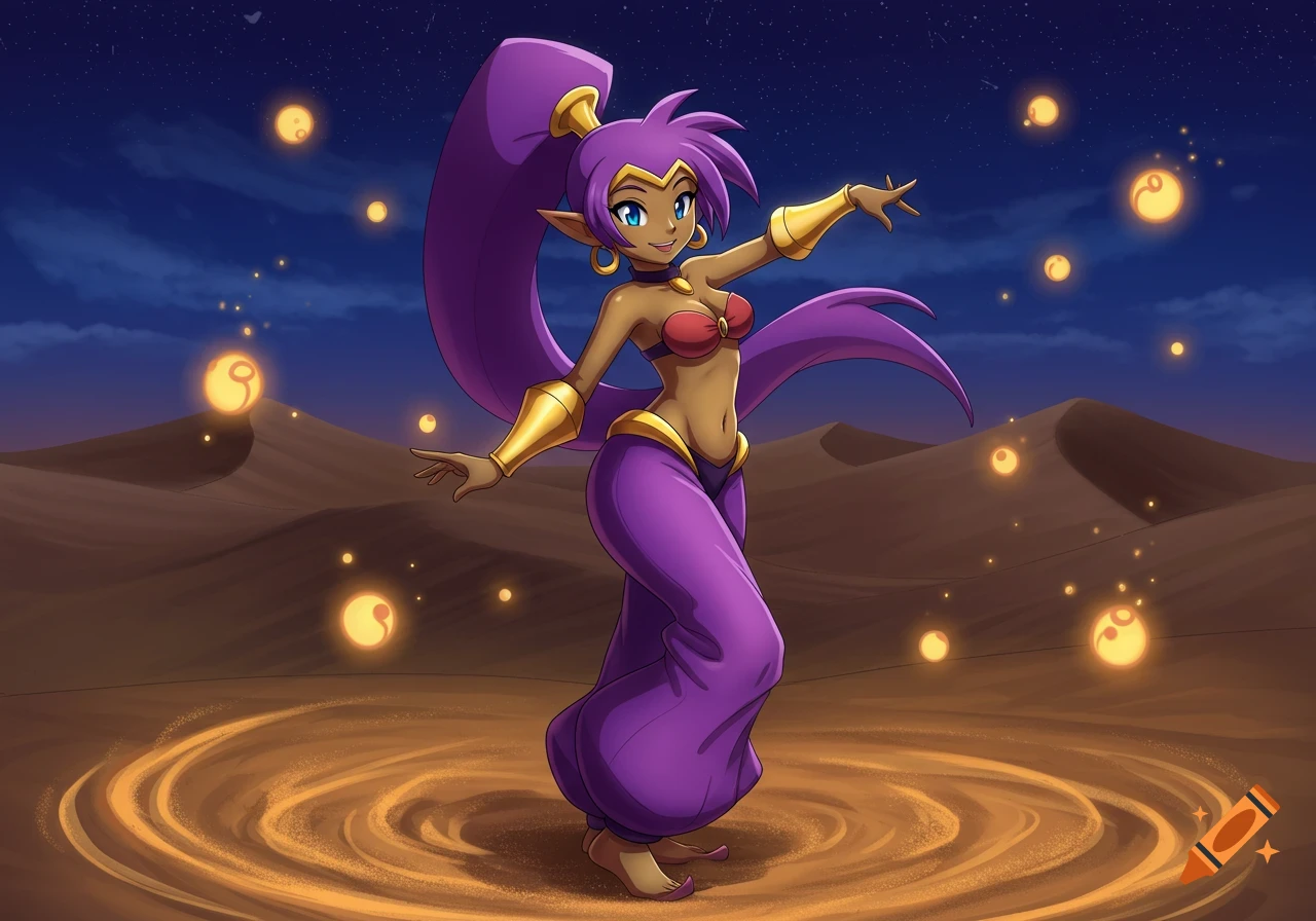 Shantae, a half-genie woman with purple hair, red bra, and purple harem pants, dances in a desert at night with glowing orbs.