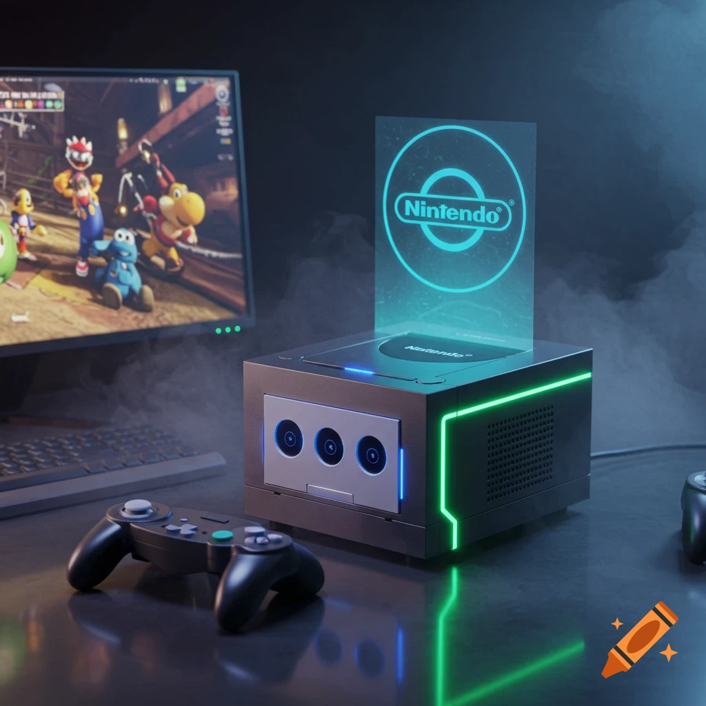 A futuristic Nintendo GameCube console with neon lights, a holographic logo, and a game controller, next to a monitor showing game characters.