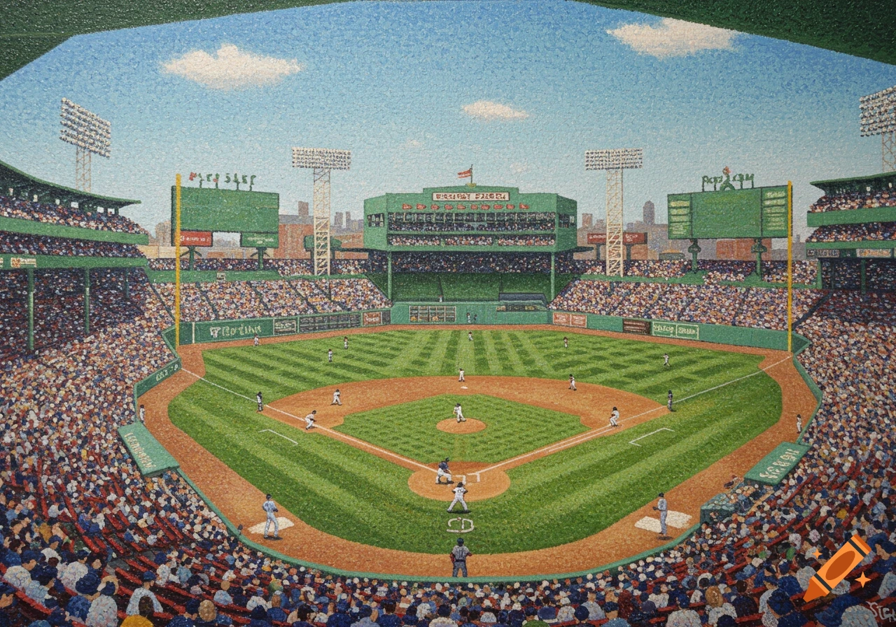 A pointillist painting of a baseball game at Fenway Park, viewed from home plate, showcasing the Green Monster.
