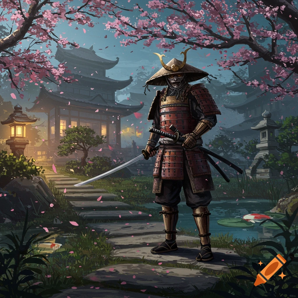A samurai warrior stands in a traditional Japanese garden with cherry blossoms and a temple, holding a katana.