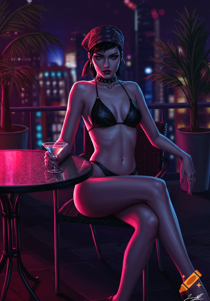 A stylized digital painting of a woman in a black bikini and bandana, sitting on a balcony at night with a city skyline.