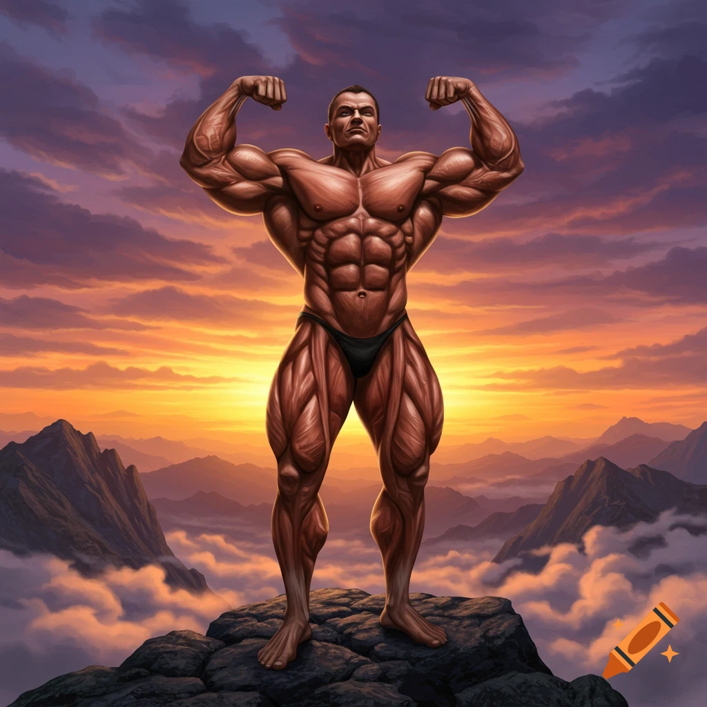 A heavily muscled male bodybuilder in black trunks flexes on a rocky mountain peak at sunset, with a vibrant sky.