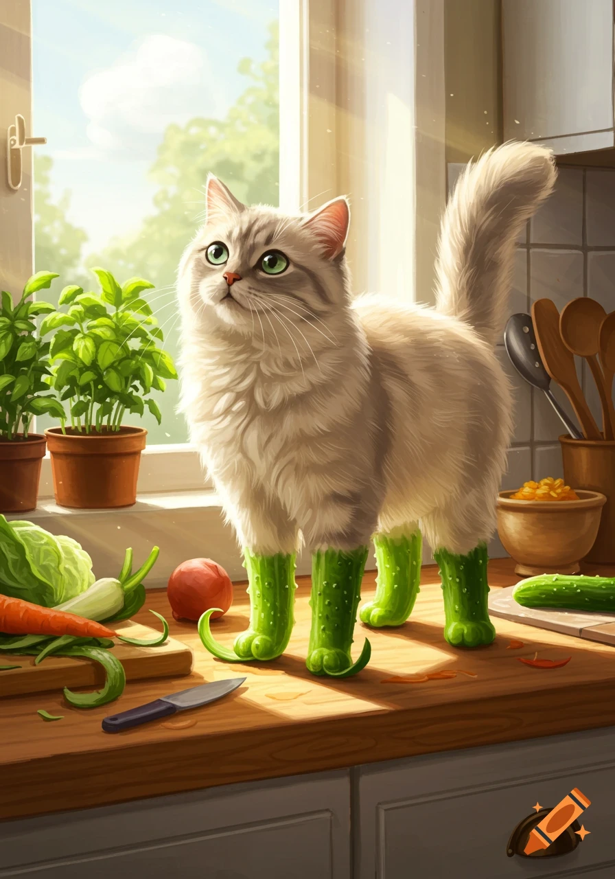 A fluffy grey cat with green cucumber legs stands on a kitchen counter with vegetables in bright sunlight.