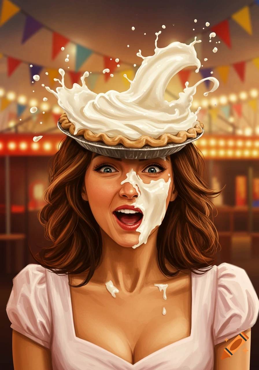 A surprised woman with a cream pie splattered on her face and head, against a blurred carnival background.