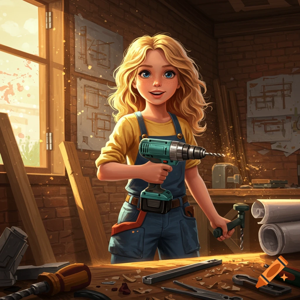 A smiling blonde cartoon girl in overalls holds a power drill in a sunlit woodworking shop.