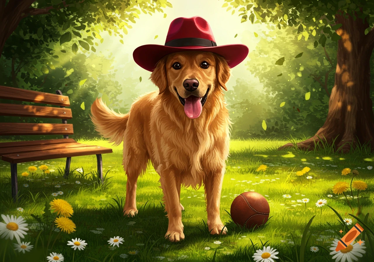 A happy golden retriever wearing a red fedora stands in a sunlit park next to a wooden bench and a ball.