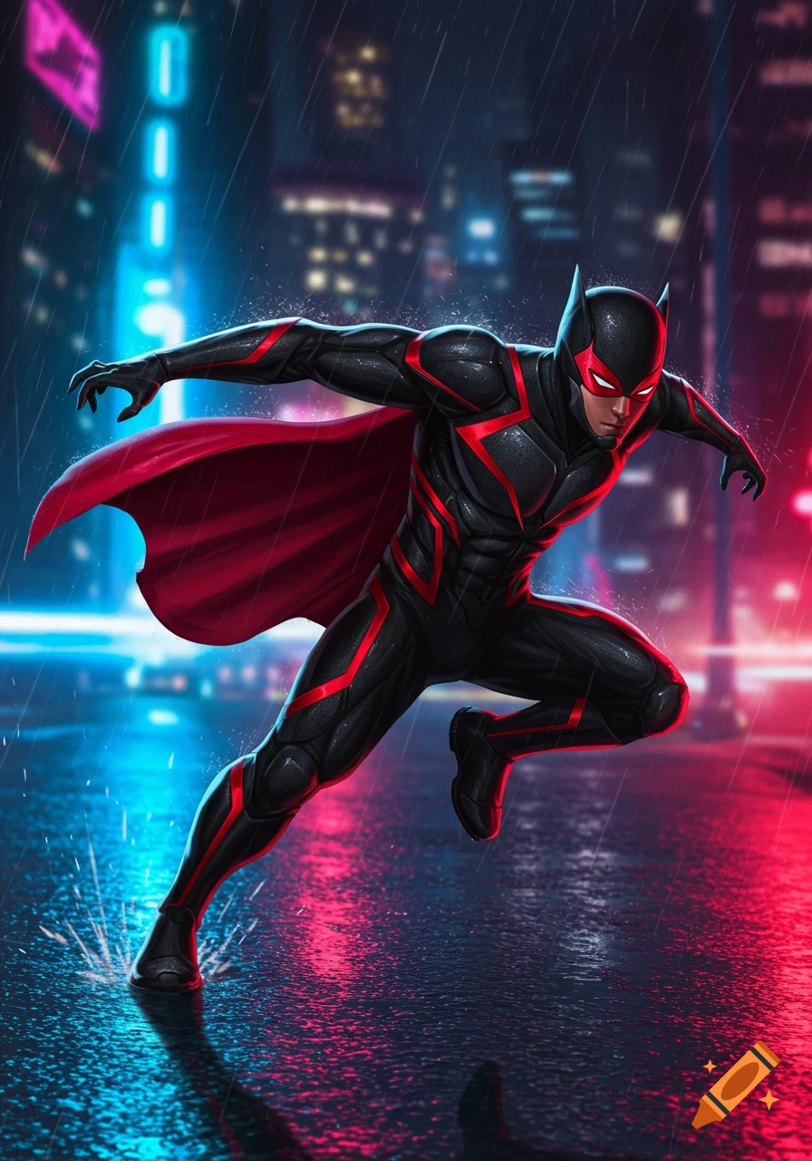 A superhero in a black suit with red accents and a red cape runs through a rainy, neon-lit city at night.