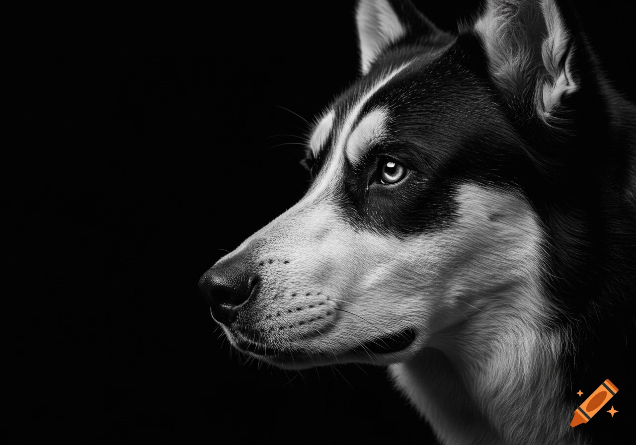 Black and white, high-contrast close-up portrait of a husky's head in profile against a dark background.