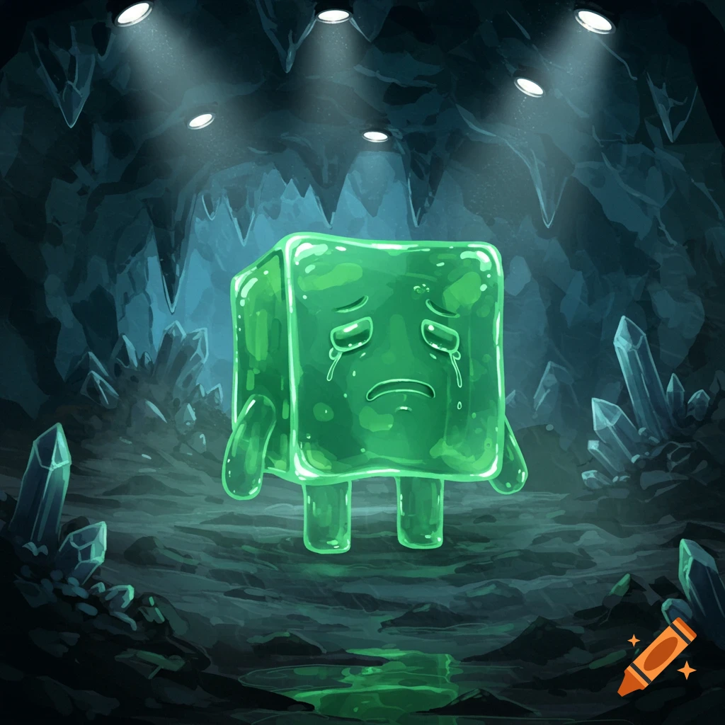 A crying, sad green gelatinous cube stands in a dark cave illuminated by spotlights, with glowing crystals.