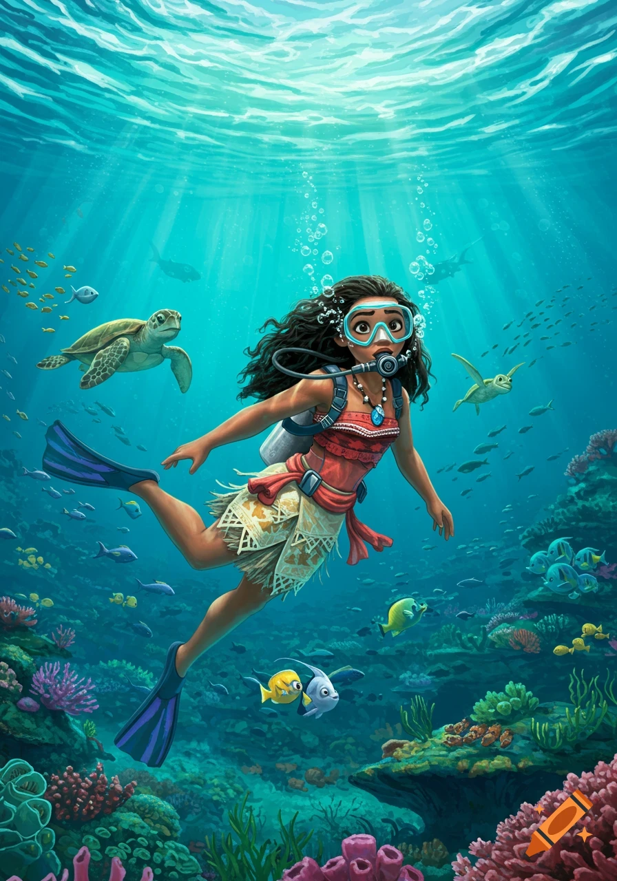 Animated Moana scuba diving underwater with a sea turtle and fish around a vibrant coral reef.