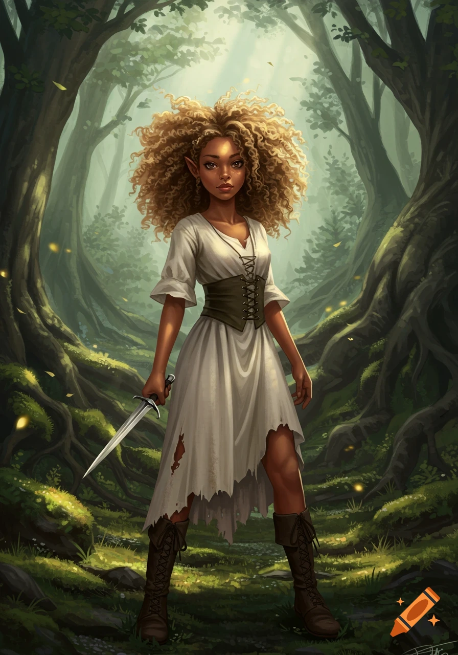 A fantasy illustration of a young elf girl with curly blonde hair in a tattered dress holding a dagger in a magical forest.