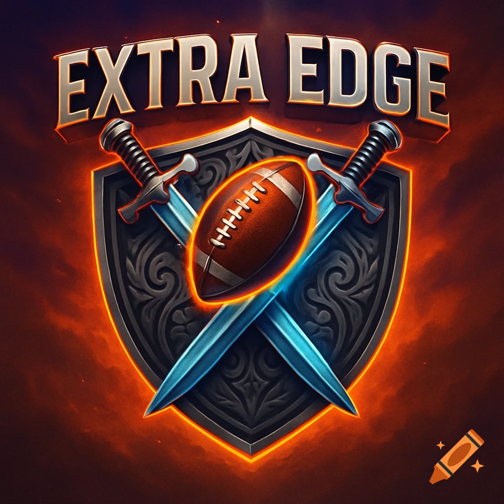 A fantasy football league logo featuring a shield, crossed swords, a football, and the text 'EXTRA EDGE' above, with an orange glowing background.
