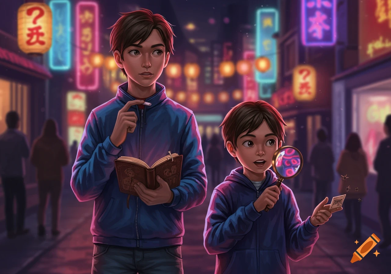Two young brothers, Asian detectives, stand on a neon-lit city street at night. The older boy holds a book and a piece of chalk, while the younger boy holds a magnifying glass and a small card.