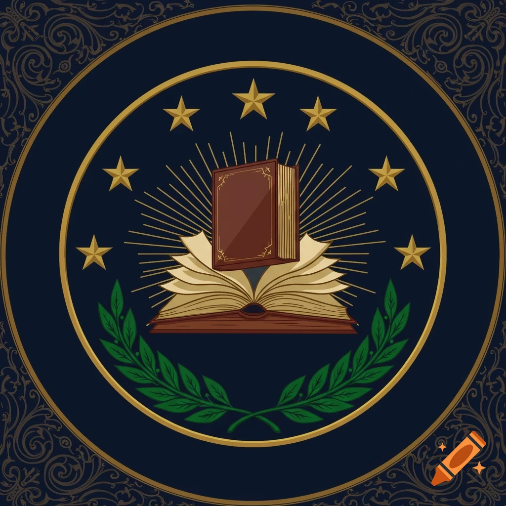 An emblem featuring a brown closed book above an open book, radiating light rays, encircled by five gold stars and a green laurel wreath, all within a dark blue and gold ornate border.